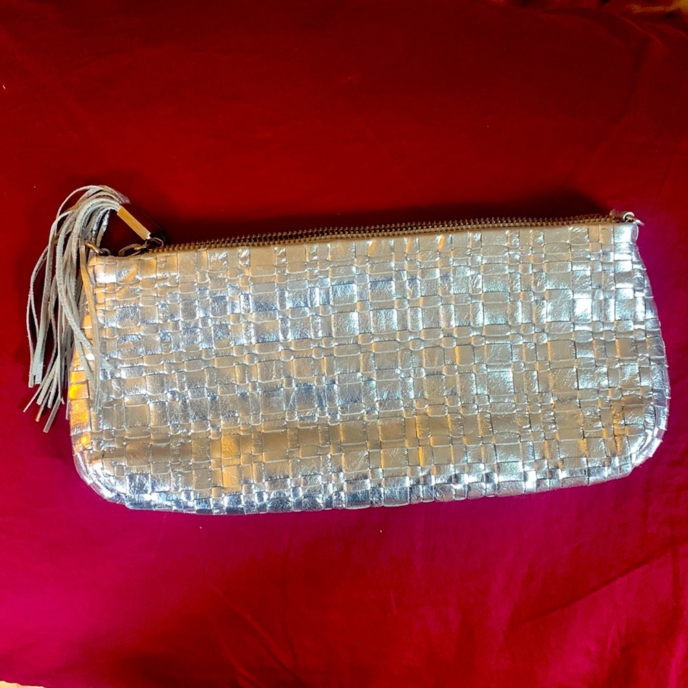 Elliott Lucca silver woven clutch